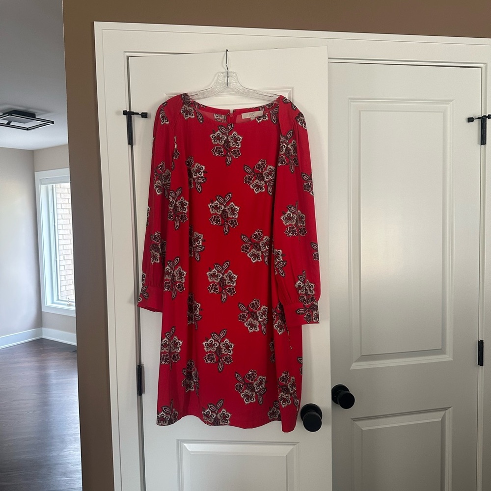 LOFT Plus Red Floral Long Sleeve Cuff sheath Dress